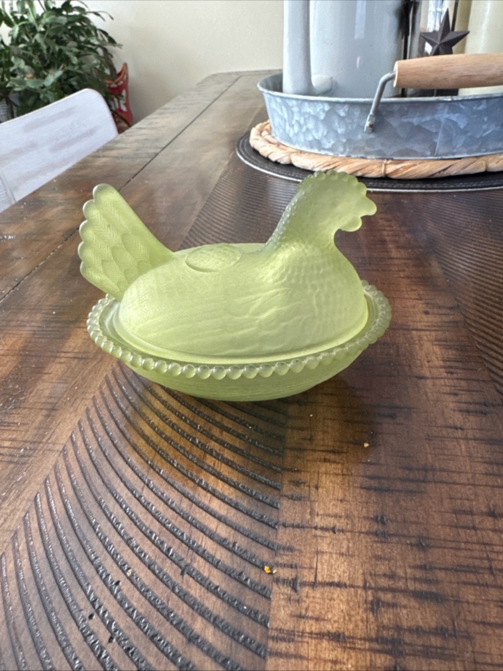Green Glass Nesting Hen on Nest Covered Dish Satin Matte Pressed Glass Oval 5”